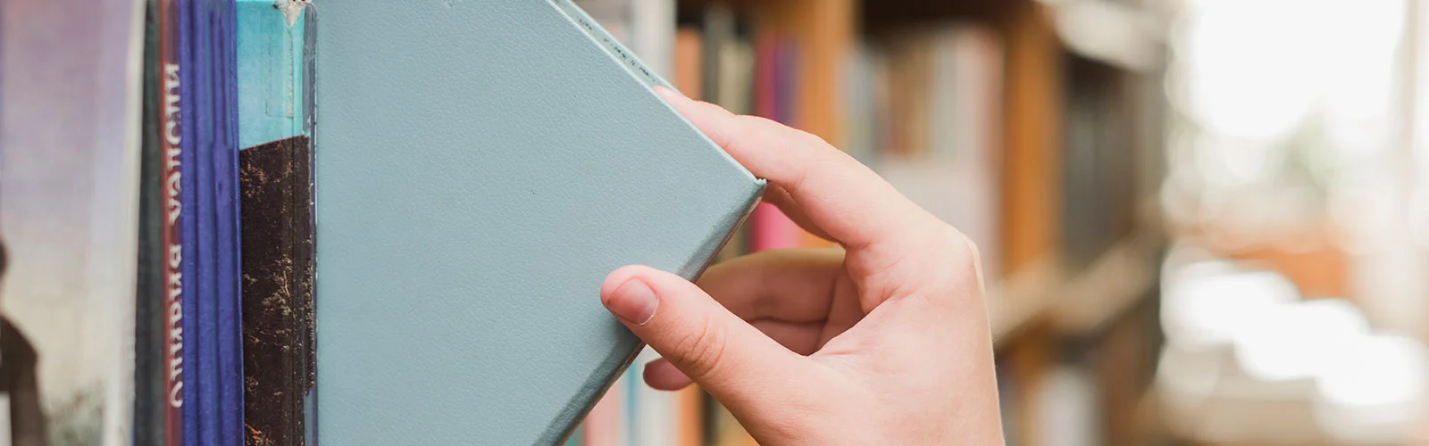 A reader taking a book from a library shelf